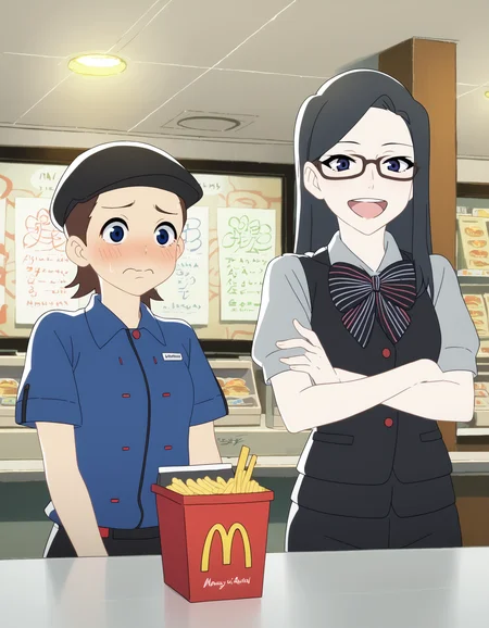 score_9, score_8_up, score_7_up, source_anime, <lora:hibino-hoshino-ponyxl:0.8> 2girls, indoors, counter, mcdonald's, upper body
2girls, sumire, embarrassed, hat, blue shirt, polo shirt
2girls, hoshino, glasses, laughing, crossed arms, hat, vest, striped bow, short sleeves, pants