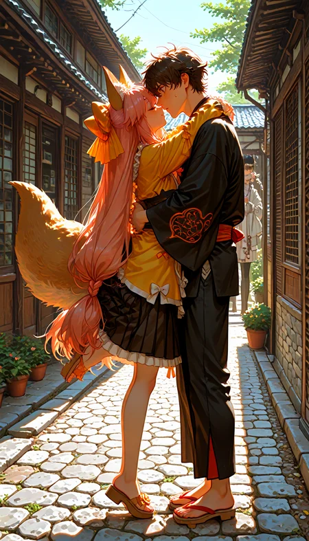 artist:wataru rei, tamamo aria \(fate\), miyamoto iori \(fate\), backyard, east asian architecture, masterpiece, best quality, amazing quality, very aesthetic, absurdres, newest, fate/samurai remnant, day, view from side, geta, girl hugs boy, full body, boy is surprised, girl is closed eyes,