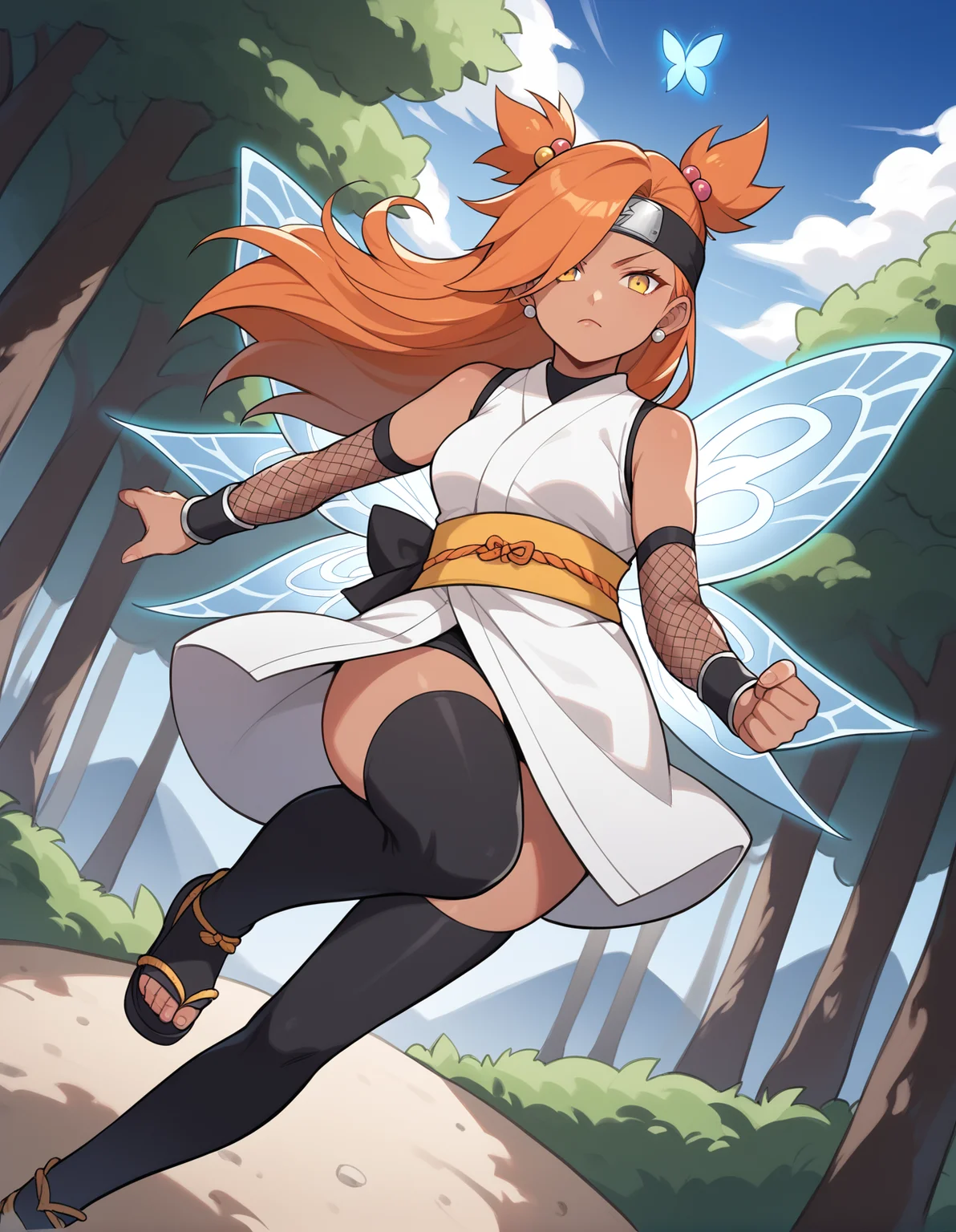 score_9, score_8_up, score_7_up, score_6_up, score_5_up, score_4_up, source_anime, rating_safe, BREAK <lora:chochoXL_LoRA-C3Lier_AdamW_Dim8_Alpha8_UN-3e-4_TE-1.5e-4_10batch_ponyDiffusionV6XL_v6StartWithThisOne:1>, chouchou akimichi, 1girl, dark-skinned female, hair over one eye, two side up, long hair, orange hair, yellow eyes, medium breasts, hair bobbles, white kimono, short kimono, sleeveless kimono, yellow obi, orange sash, fishnets, detached sleeves, black thighhighs, forehead protector, jewelry, earrings, serious, looking at viewer, facing viewer, jumping, floating, punching, wind, aura, lightning, glowing butterfly, blue butterfly wings, glowing wings, energy, floating hair, dutch angle, forest, tree shade, sunlight, lens flare, blue sky, mountainous horizon
