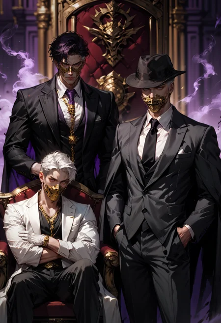 (score_9, score_8_up), score_7_up, 2boys, manly, tsurime, looking at viewer, serious, purple background, gold and purple theme, hand on hip, chains, fedora, white hair, muscular male, black hair, crew cut, arms crossed, hair slick back, short hair, sitting, standing, leg spread, throne, purple smoke, white gloves, necktie, black gloves, suit, gold chains, jewelry, white shirt, black vest, black pants, coat, gold mask, mouth mask, realistic, blurry background, depth of field, DOF, chaos, , <lora:Mafia_Outfit:0.5>
