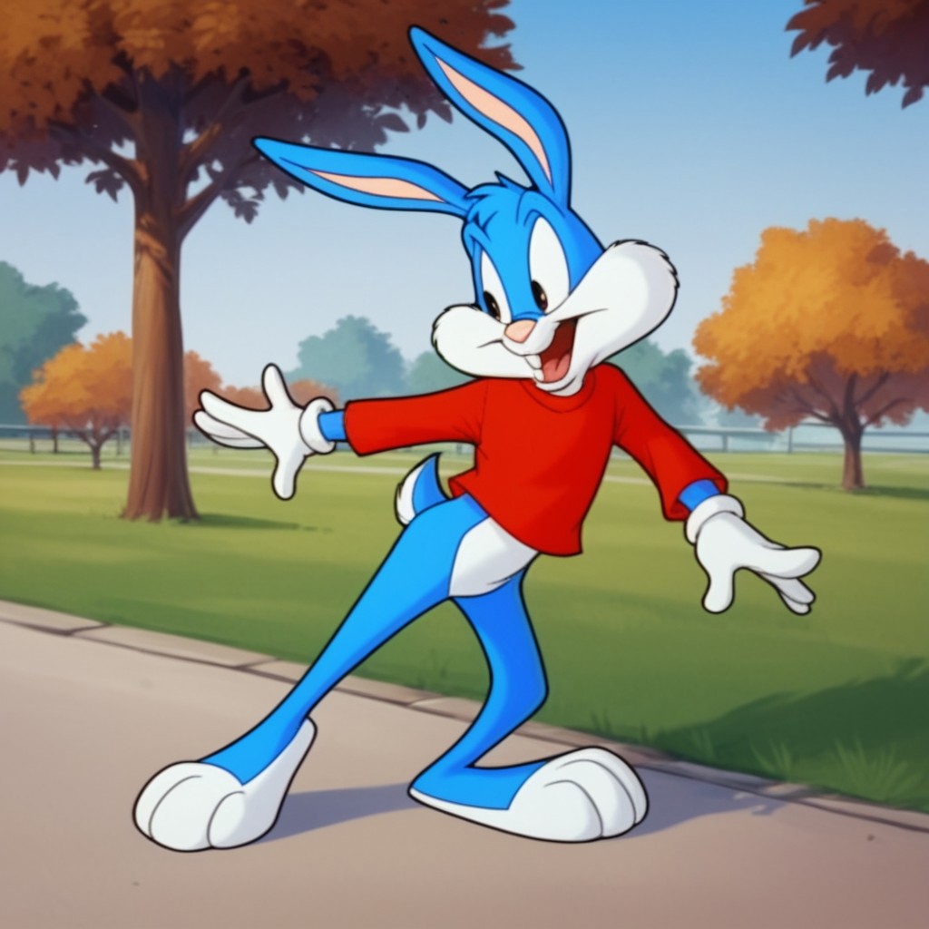 score_9, score_8_up, score_7_up, score_6_up, score_5_up, score_4_up, source_furry, bustertta, anthro, male, bunny, blue fur, red shirt, white gloves, in a park, full body