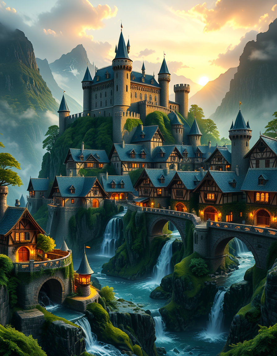 A breathtaking medieval fantasy city nestled in a lush valley, surrounded by towering mountains and dense forests. A grand castle with multiple towers and turrets stands atop a hill, overlooking the town below. The city consists of charming half-timbered houses with glowing windows, perched on rocky cliffs and connected by stone bridges over cascading waterfalls. The river flows through the village, reflecting the warm golden lights of lanterns and torches. Ivy and moss grow over the stone walls, adding to the enchanted, ancient atmosphere. The background features misty mountains with additional fortresses and watchtowers, partially hidden by low-hanging clouds. The sky is illuminated by a soft, warm sunset, casting a golden glow on the scenery, creating a perfect blend of realism and fantasy. Highly detailed, cinematic, and immersive, with a magical, fairy-tale ambiance.
<lora:SDXLFaeTastic2400:0.4> <lora:extremely_detailed:0.4> extremely detailed, <lora:medieval_f4nt4sy_c1ty:1>,medieval f4nt4sy c1ty, Masterpiece,best quality,hi res,8k,hi res,8k,award winning,(sharp focus, intricate, highly detailed),