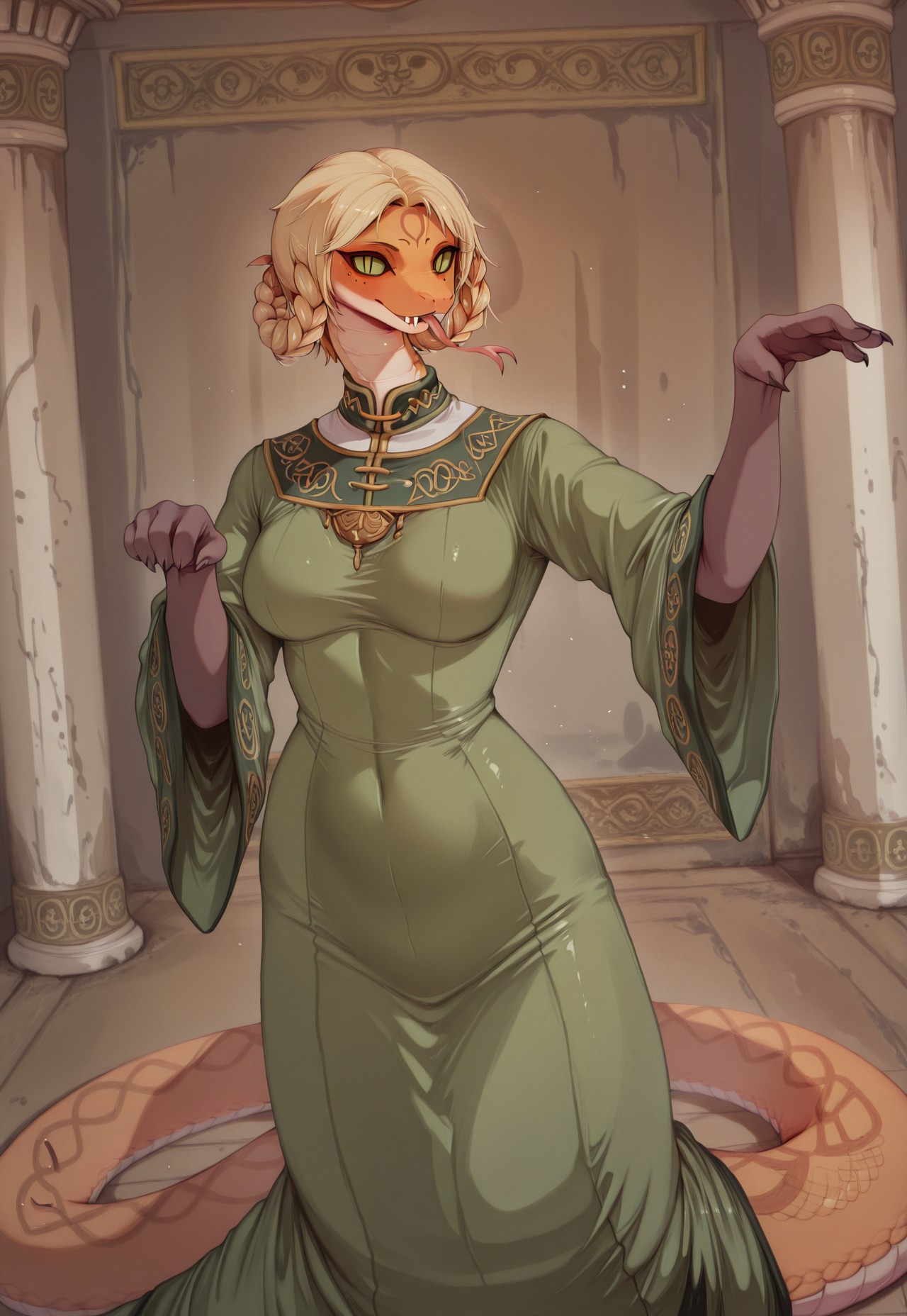 masterpiece,best quality,amazing quality, indoors, pillar
<lora:Anthropomorphic_snakes_Naga:1> anthropomorphic_snakes_(naga), 
ry4, blonde hair, braid, green eyes, braided hair rings, mole under mouth, slit pupils, solo
green dress, wide sleeves
smile, forked tongue, long tongue, tongue out, open mouth
snake pose, fighting stance, standing,
dynamic pose, dutch angle, dynamic angle
<lora:Rya:1>,  <lora:forkedtongue_Illust_v1:1>,  <lora:LoRASnakePoseNoobAIXLvPred:1>,  <lora:Chinoiserie_Illu_Style:1> Chinoiserie, no humans, colored skin, fangs, facial mark, slit pupils, furry, colored sclera, black sclera, snake, scales, furry female, multicolored skin, snake girl, alien, lamia, squama, Snakegirl, Chinoiserie,  <lora:reptiloids_sdxl_v05_495-15-0:0.4> reptiloid, snake head,