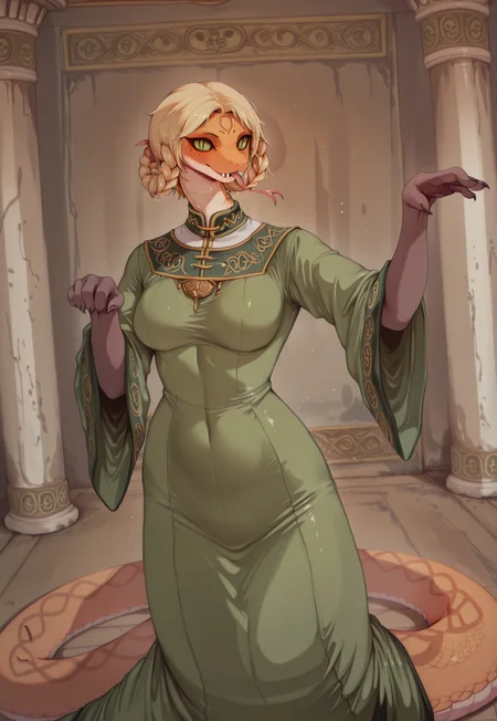 masterpiece,best quality,amazing quality, indoors, pillar
<lora:Anthropomorphic_snakes_Naga:1> anthropomorphic_snakes_(naga),
ry4, blonde hair, braid, green eyes, braided hair rings, mole under mouth, slit pupils, solo
green dress, wide sleeves
smile, forked tongue, long tongue, tongue out, open mouth
snake pose, fighting stance, standing,
dynamic pose, dutch angle, dynamic angle
<lora:Rya:1>, <lora:forkedtongue_Illust_v1:1>, <lora:LoRASnakePoseNoobAIXLvPred:1>, <lora:Chinoiserie_Illu_Style:1> Chinoiserie, no humans, colored skin, fangs, facial mark, slit pupils, furry, colored sclera, black sclera, snake, scales, furry female, multicolored skin, snake girl, alien, lamia, squama, Snakegirl, Chinoiserie, <lora:reptiloids_sdxl_v05_495-15-0:0.4> reptiloid, snake head,