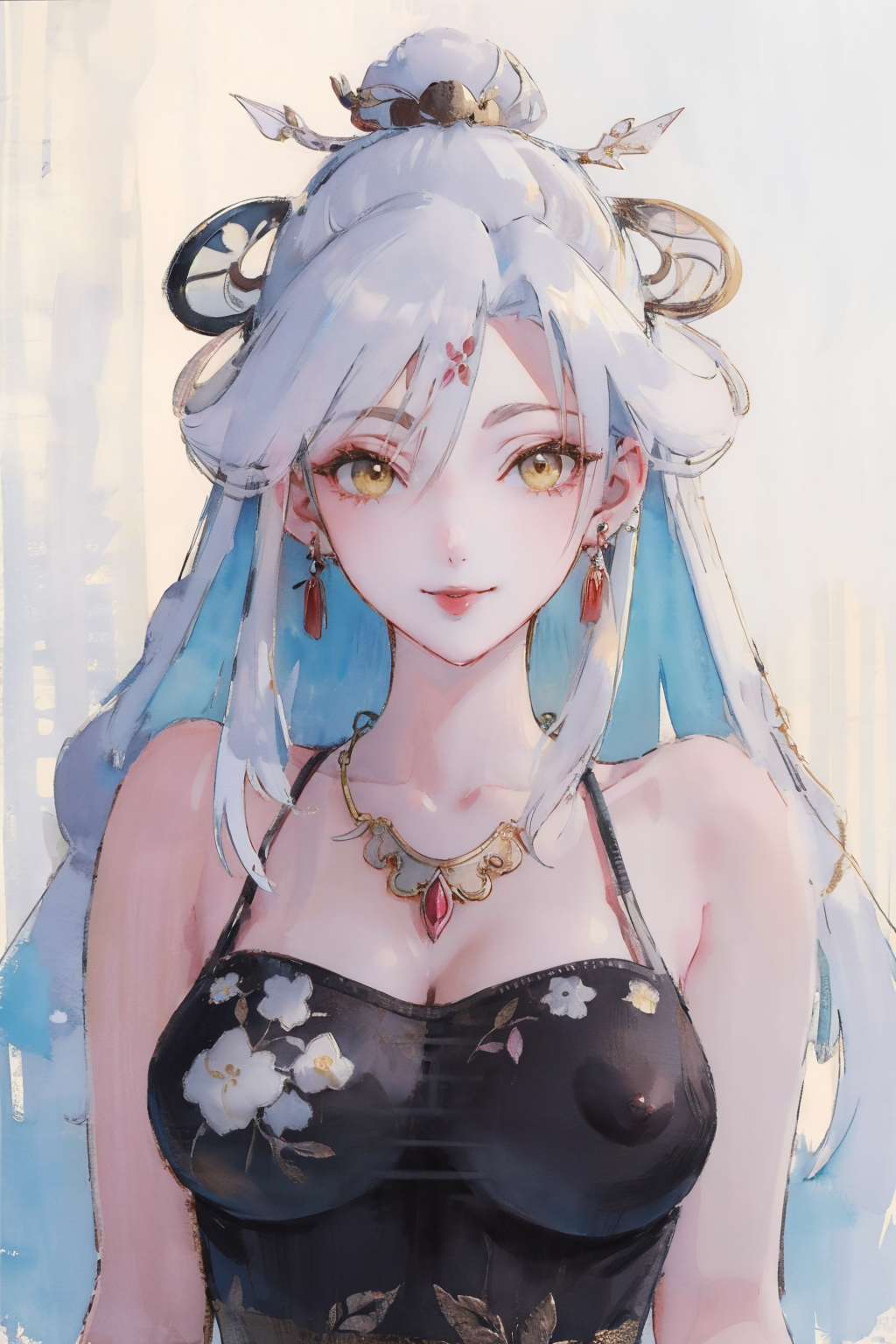 <lora:XiaobaiV2-SD15optimize>,
masterpiece,highest quality,exquisite details,amazing art,realistic details,pretty face,real skin,8K,RAW,movie lighting,soft light,shallow depth of field,bokeh,dreamy,
xiaobai,1girl,jewelry,solo,white hair,earrings,looking at viewer,long hair,hair ornament,upper body,necklace,parted lips,smile,
Paper texture,Ink splash,beautiful detailed eyes,Golden Eyes,(covered nipples:1.2),
traditional_media,pastel_color,black camisole,camisole pull,
<lora:æ°ä¸­å¼å·¥ç¬æ°´å¢¨newchinese-1122-1:1>,watercolor background,splash ink,xuan paper,inkblot,(paper texture:1.4),
facing viewer,portrait,alpha transparency,plum blossom embroidery,transparency of clothes,gold thread embroidery,