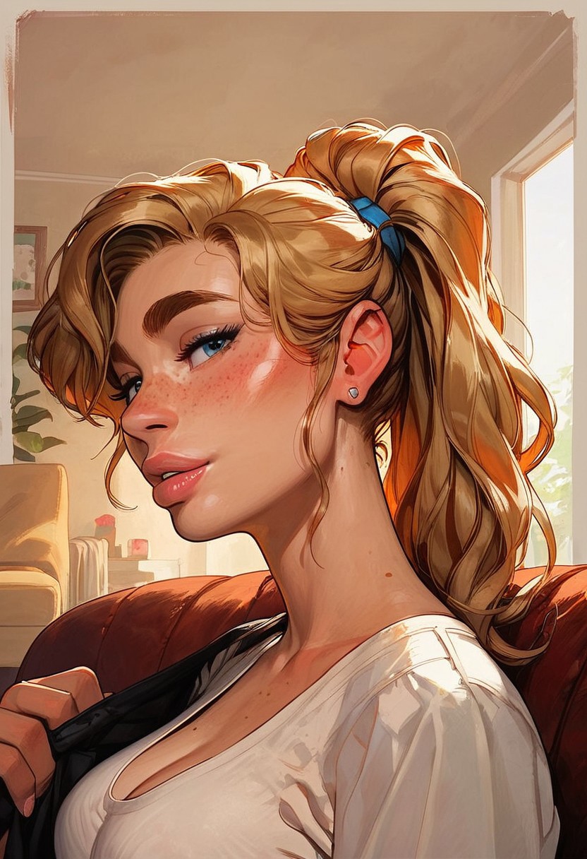score_9, score_8_up, score_8_up, 1girl, cute girl, pretty girl, feminine, sexy, nsfw, 
fair skin, freckles, feminine body, thin waist, thick eyebrows, dirty blonde hair, ponytail, bangs, beautiful face, freckles, detailed face, blonde hair, large breasts, very perky breasts, wide hips, alluring, seducing, g0thicPXL, ((living room, detailed background)) seductive, 80's outfit, retro, close up shot, face focus