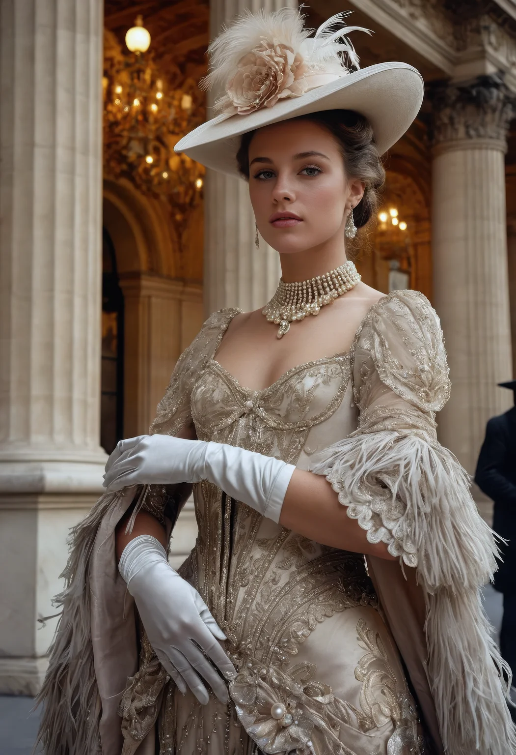 hyper-realistic cinematic portrait of a stunning young woman in Belle Époque Paris, circa 1900, standing at the entrance of the Palais Garnier opera house, dressed in an elaborately embroidered haute couture gown with silk gloves, pearl jewelry, and an ostrich-feathered hat, soft golden gaslight reflecting off marble columns, background bustling with well-dressed Parisians and ornate horse-drawn carriages, no modern elements, realistic skin texture with visible pores and subtle makeup, (film grain and pastel tones), romantic and decadent atmosphere, inspired by early fashion photography and Art Nouveau aesthetics, immersive and luxurious