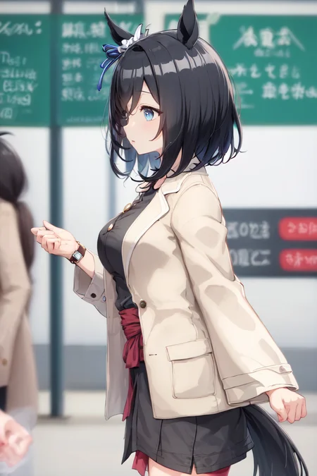 masterpiece, best quality,
eishin flash \(umamusume\),
wristwatch, from side,
casual, hair ornament, ear ribbon, white scrunchie, wide sleeves, long sleeves, brown jacket, open clothes, open jacket, sash, buttons, black dress,
<lora:eishin_flash_loha:0.8>
