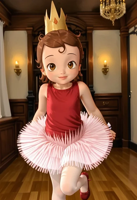 (masterpiece)+, 8k, best quality, ultra-detailed, (high res), cinematic lighting, beautiful lighting, high quality, studio quality, detailed, insanely detailed, extreme detail, refined detail, perfect detail, max detail, smooth lighting, detailed background, hyper detailed body, beautiful lighting, vibrant lighting, global illumination, absurdres, high-res, dynamic lighting, h4nnah, 1girl, solo, brown hair, ballerina, short hair, dress, pantyhose, white pantyhose, tutu, Expressiveh, aerozerorisk, 1girl, solo, solo focus, looking at viewer, standing, cowboy shot, (closed mouth), happy, cute, kawaii, indoors, living room, daylight, sunshine, Halloween decorations, Halloween costume, (princess ballerina costume), (gold crown), brown hair, brown eyes, red shirt, pink tutu