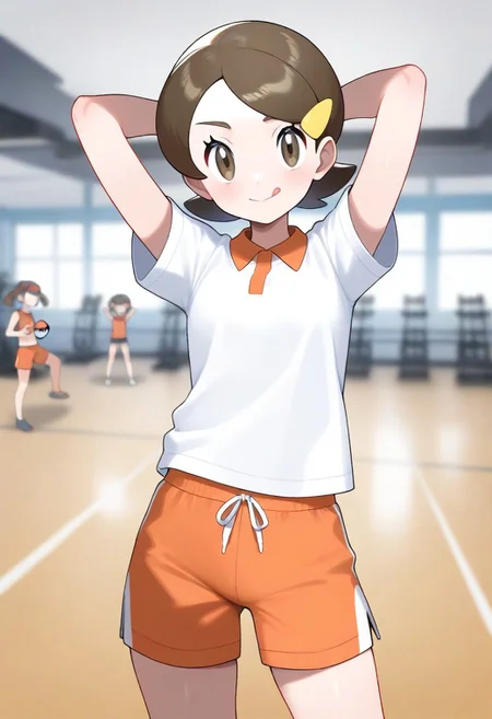 2d, masterpiece, best quality, amazing quality, highres, absurdres, newest, standing, smile, tongue out, looking at viewer, indoor, gym, training, 1girl. solo, kohai, short hair, brown hair, brown eyes, hairclip, t-shirt, white shirt, short sleeves, gym shorts, orange shorts, arms behind head, masterpiece,best quality,newest,absurdres,highres,