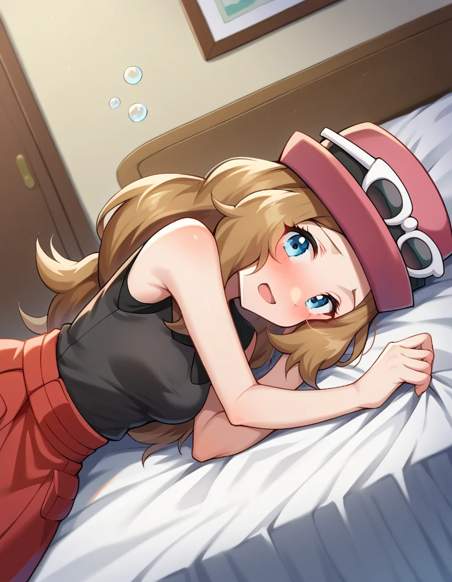score_9, score_8_up, score_7_up, source_anime,
pokemonserena, <lora:pokemon-serena-ponyxl-lora-nochekaiser:1>
serena, long hair, blue eyes, brown hair,
eyewear on head, hat, skirt, sunglasses, shirt, black shirt, sleeveless, red skirt, pink hat,
indoors, bed, bed room, on side, blush, drunk,
looking at viewer, cowboy shot, dutch angle,