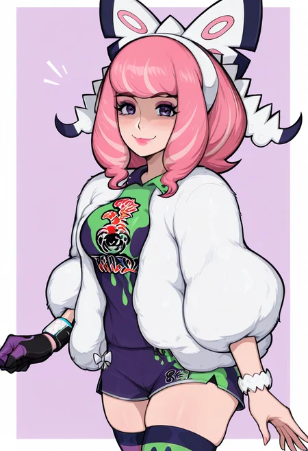 (masterpiece, best quality, good quality, very aesthetic, absurdres, newest:1.2), zzKlara, purple eyes, pink hair, pink lips, makeup, eyeshadow, jacket, shirt, pink eyeshadow, hairband, bracelet, mismatched legwear, shorts, single glove, smile, thighhighs, white jacket, fur coat, ,<lora:KlaraPokemon_IXL_v2:1.0>,, smile, looking at viewer, cowboy shot, ,<lora:AfrobullNAI:1.0>,