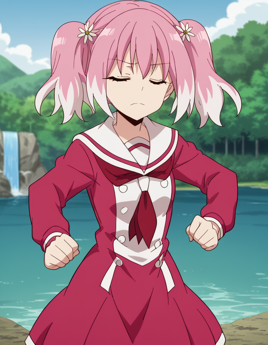 score_9, score_8_up, score_7_up, source_anime, <lora:nana-hiiragi-s1-ponyxl-lora-nochekaiser:1>, nana hiiragi, aqua eyes, twintails, pink hair, flower, white hair, multicolored hair, hair flower, two-tone hair, anime screencap, dress, school uniform, sailor dress, red neckerchief, white sailor collar,, water, lake, river, waterfall, natural, , <lora:zui-zui-dance-ponyxl-lora-nochekaiser:1>, zui zui dance, dancing, closed eyes,, looking at viewer, solo,, dutch angle, cowboy shot