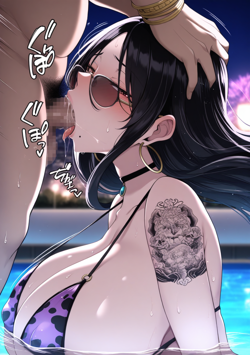 masterpiece, best quality, absurdres, perfect lighting,shiny skin,<lora:illustrious_noobai_epsilon_pred_1_best_quality_v1:1>,<lora:anime_screencap:1>, anime screencap, anime coloring,1girl,huge breasts,gigantic breasts,tsumamigui_sian,black hair,long hair, mole under mouth,mature female, <lora:tsumamigui_sian:1>,animal print bikini,front-tie bikini top,purple bikini,tattoo, shoulder tattoo, arm tattoo,underboob, jewelry,hoop earrings,choker,hoop earrings,sunglasses,depth of field, night,pool,floating hair,covered nipples,wet,wet hair,nervous sweating,looking at viewer, bracelet,nail polish,reflection, reflective water,wet,wet clothes, partially submerged,(sound effects:1.2),
BREAK 1boy,fatman,hetero,faceless male,head grab, mosaic censoring, precum, licking penis, half-closed eyes,saliva,saliva trail, saliva on penis, smelling penis, motion lines,deepthroat, tongue, irrumatio, fellatio,bouncing breasts, sagging breasts,pubic hair, pussy juice trail, head grab,