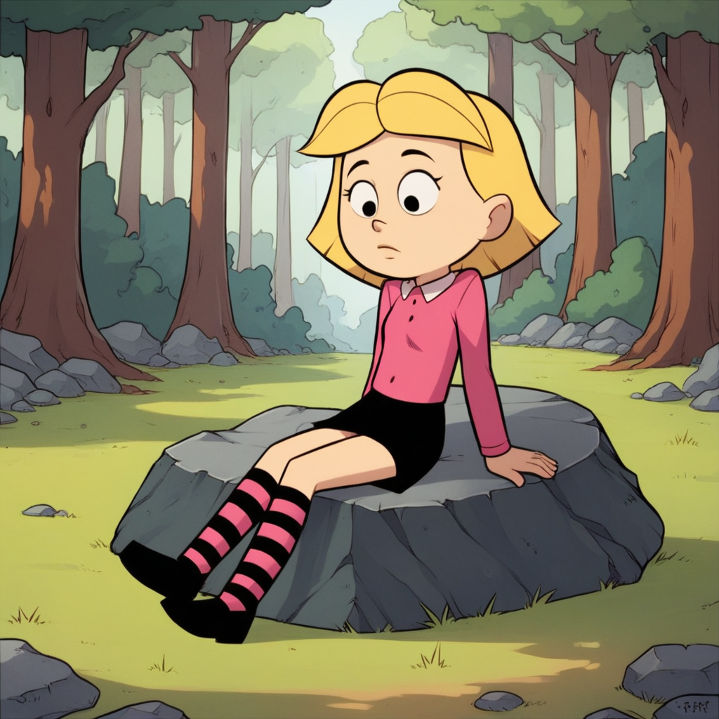 score_9_up, score_8_up, BREAK, EmilyElizabeth, 1girl, solo, blonde hair, short hair, black eyes, shirt, black skirt, striped thighhighs, black footwear,  <lora:EmilyElizabethHoward_Clifford_PXL_Leaf1:0.8>, forest,  sitting on rock,