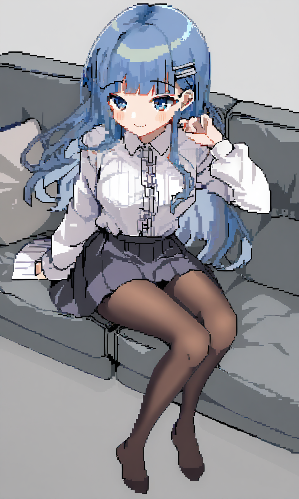 (1girl:1.2),best quality,amazing quality,very aesthetic,absurdres,official art,intricate details,hyperdetailed,BRAKE,
pixel_art,<lora:Pixel_ArtPony:0.9>,blue hair,skirt,black pantyhose,sitting on sofa,full body,stairs,happy smile,