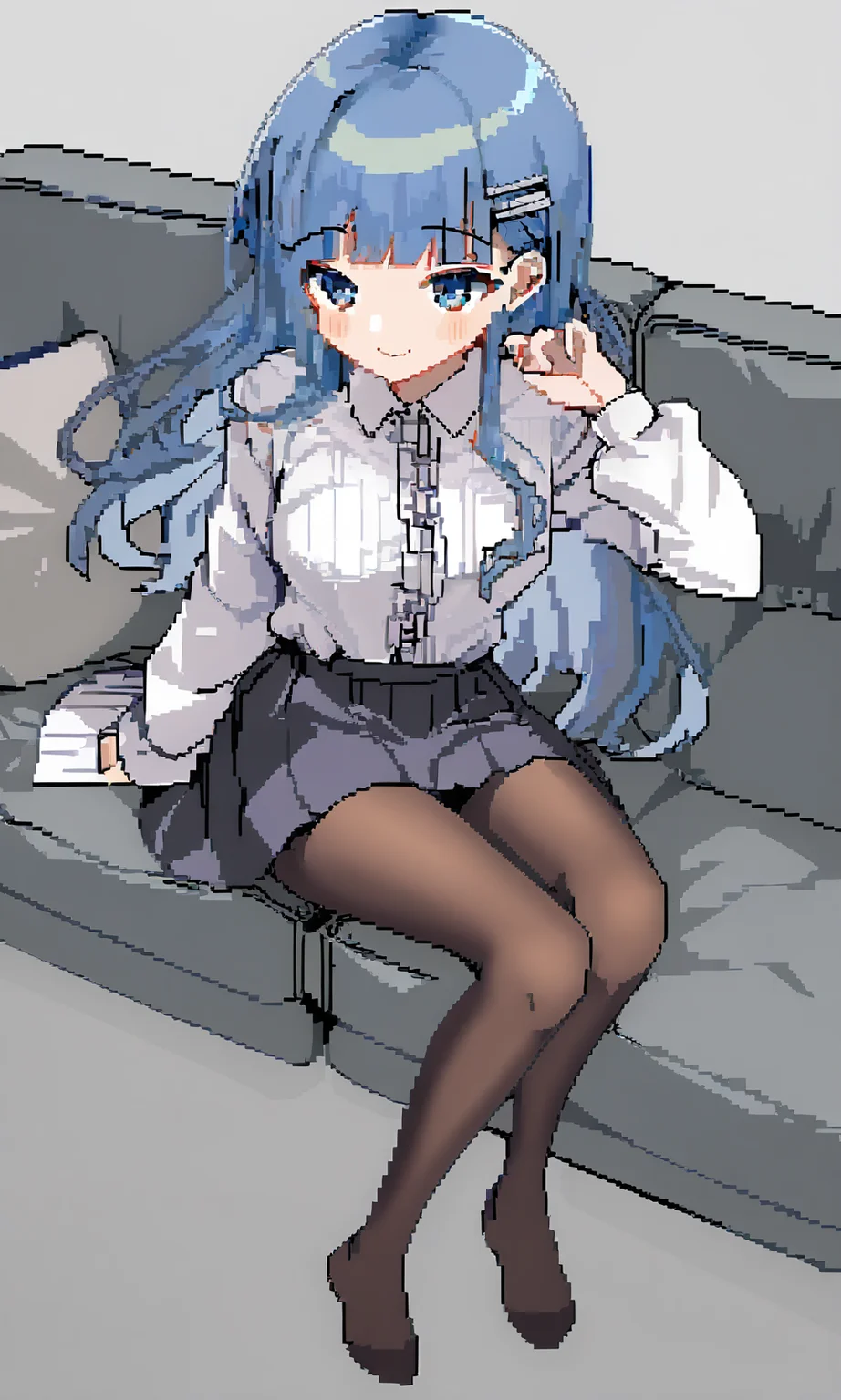 (1girl:1.2),best quality,amazing quality,very aesthetic,absurdres,official art,intricate details,hyperdetailed,BRAKE,
pixel_art,<lora:Pixel_ArtPony:0.9>,blue hair,skirt,black pantyhose,sitting on sofa,full body,stairs,happy smile,