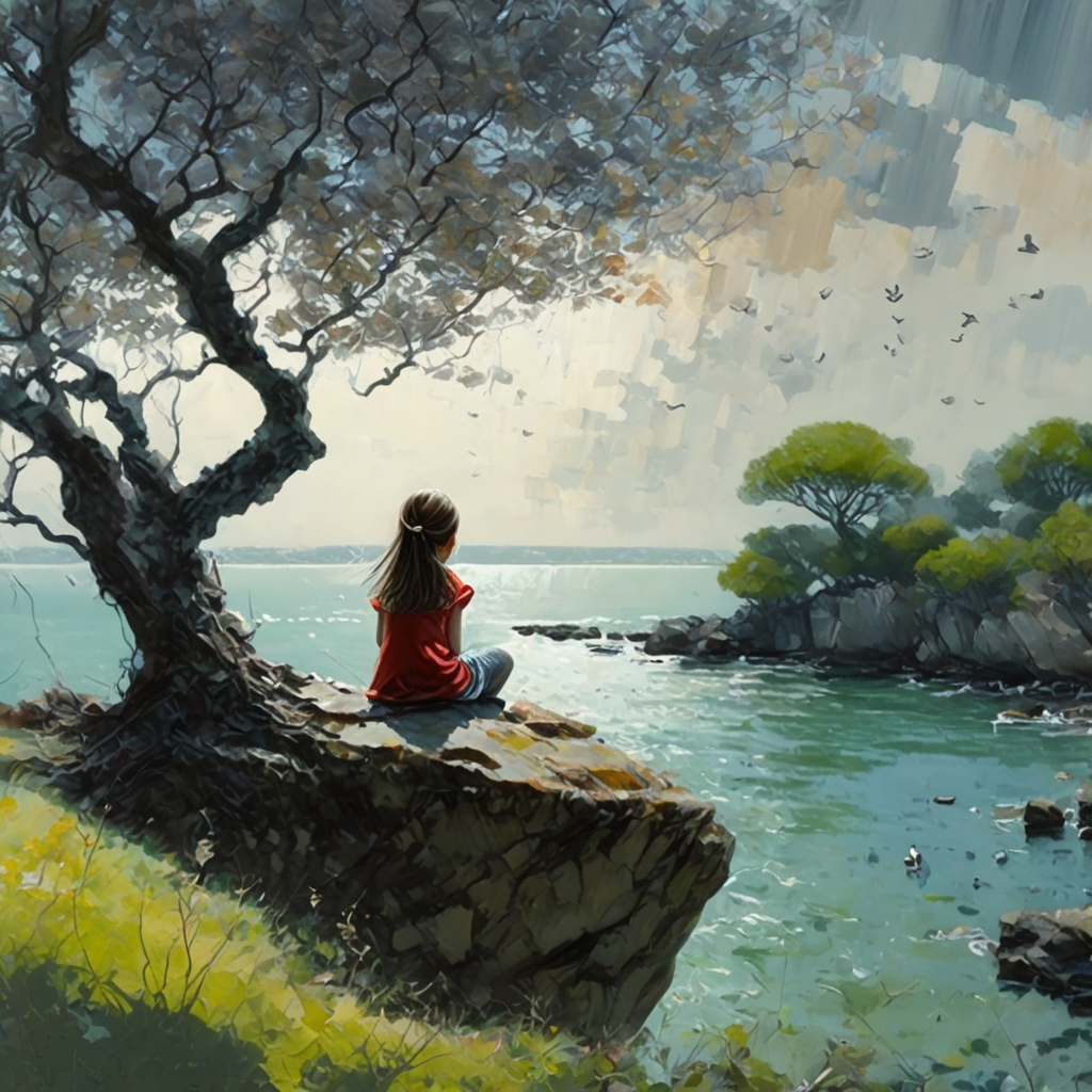 artmix05 girl sitting under a tree on a rock, very detailed  <lora:artmix05:1>