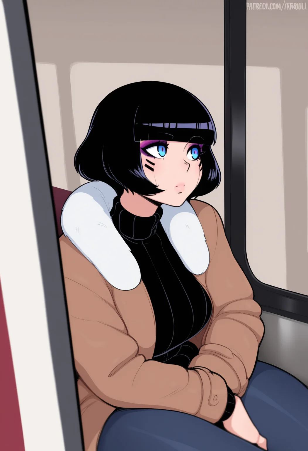 (afrobull:0.6), masterpiece, best quality, <break> solo, 1girl, sasha yakovleva, makeup, expressionless, looking away, sitting, arm rest, short hair, black hair, blunt bangs, bob cut, blue eyes, winter clothes, brown coat, fur-trimmed coat, open coat, long sleeves, black sweater, ribbed sweater, jeans, indoors, train interior, window
<segment:yolo-Anzhc Face seg 640 v2 y8n.pt,0.4,0.5//cid=1>