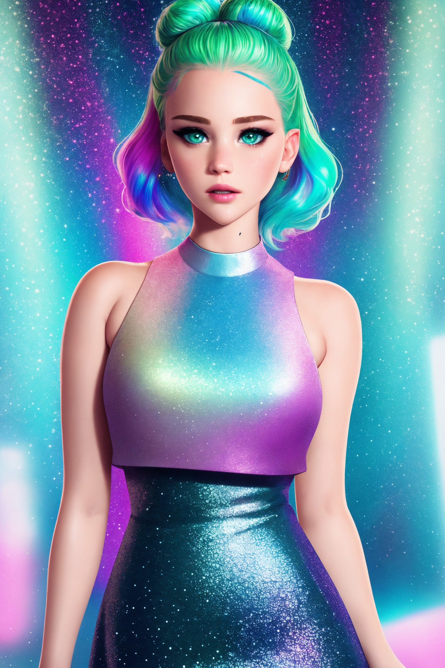 young ([Jennifer( :0)Lawrence|Emma( :0)Watson]:0.9) round cute face focus,  sexy, face closeup, face extreme closeup,
rainbow hair, wearing metallic iridescent dress,
 green eyes, detailed clothes, skinny, shinny glossy skin, subsurface scattering,
(gothic:0.8), double bun, bangs, frills, skirt,
[(colorful explosion psychedelic paint colors:1.21)::0.2], (boorish:0.7),
(darkness:1.1), cyberpunk, award winning photo, extremely detailed, amazing, fine detail, absurdres,