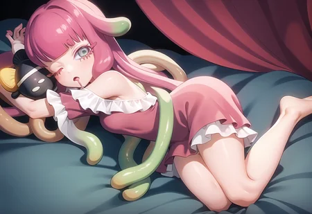 ((masterpiece)), (best quality), (detailed), harmony, pajamas, off shoulder, (one eye closed), laying down, bed, sleeping, drool, clownfish, from side, full body, under blanket <lora:paruko-20:0.9>