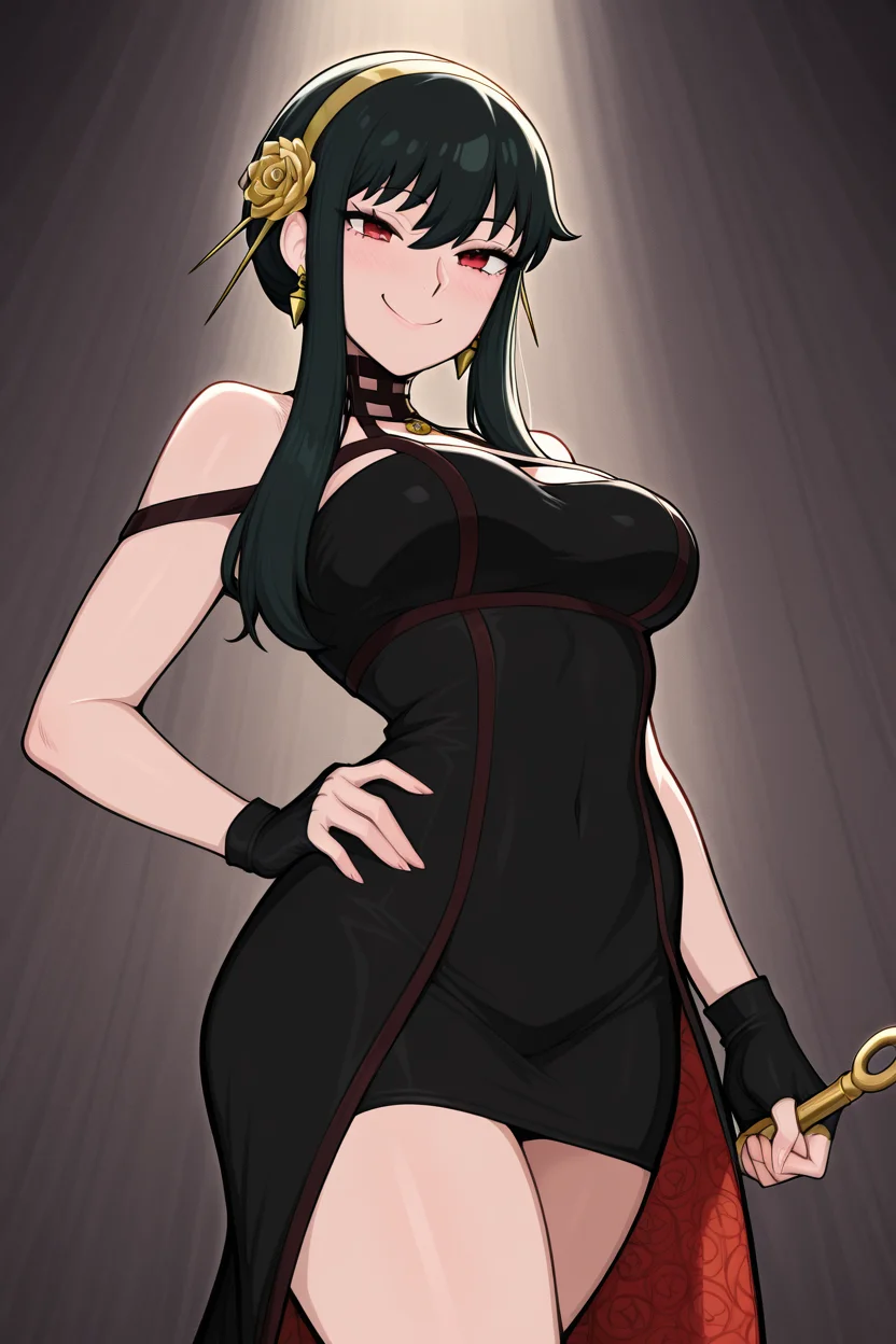 masterpiece, best quality, medium breasts,,, Yor Briar, Yor Forger, 1girl, black hair, red eyes, short hair with long locks, gold hairband, hair flower, black choker, black dress, sleeveless, off shoulder, floral print, fingerless gloves,BREAK, smile, looking at viewer, cowboy shot, <lora:AfrobullIXL_v1:1.0>, cowboy shot, hand on hip, smug, smile, looking at viewer, shiny skin,