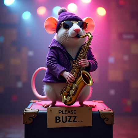 A cute rat playing the saxophone up on a high pedestal, wearing a beanie, shades, a purple sparkling jacket, disco lights, photorealistic, a cardboard sign that says "Please Buzz...", colourful, epic, cinematic shot,