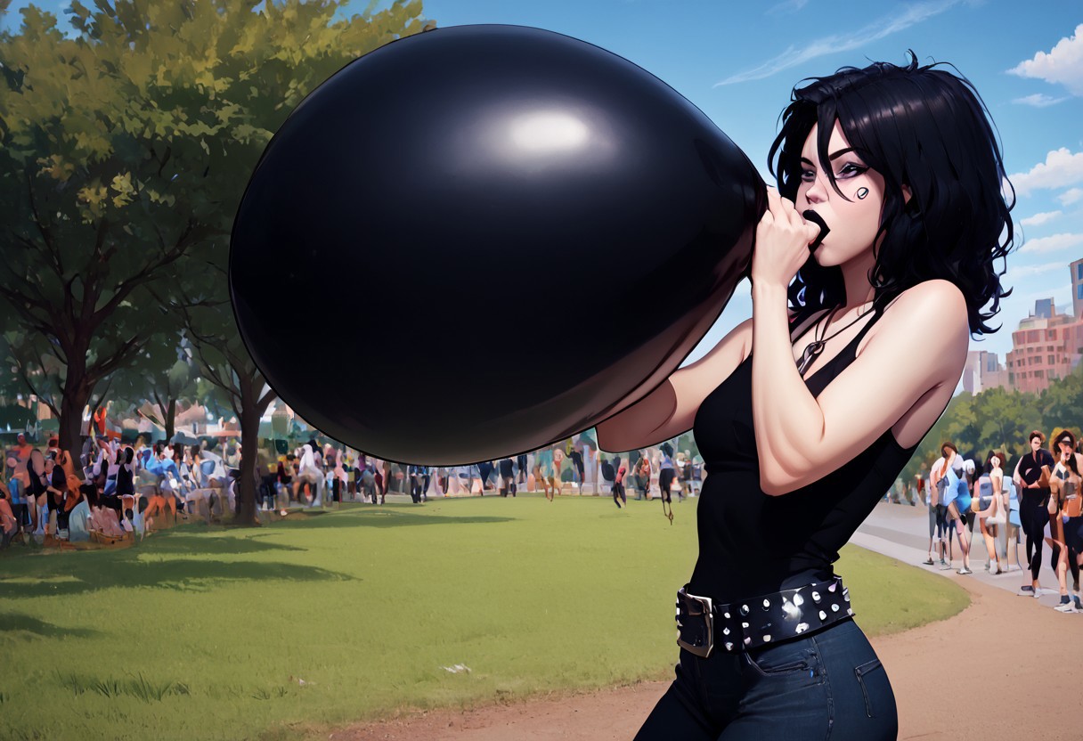 score_9, score_8_up, score_7_up, dc comics sandman death, 1girl, black hair, (((blowing up a huge black balloon, overinflating))), medium hair, hair between eyes, black eyes, pale skin, medium breasts, erect nipples under tank top, facial mark, ankh necklace, black top, bare shoulders, black pants, denim, studded belt, black lips
public park, nature, seductive, blue sky