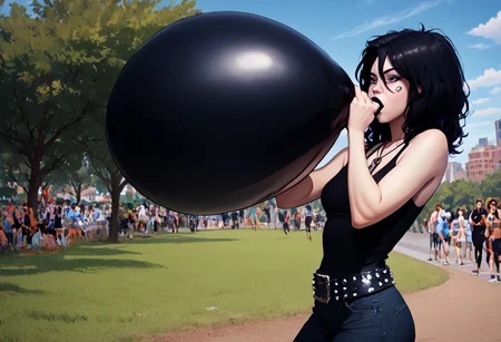 score_9, score_8_up, score_7_up, dc comics sandman death, 1girl, black hair, (((blowing up a huge black balloon, overinflating))), medium hair, hair between eyes, black eyes, pale skin, medium breasts, erect nipples under tank top, facial mark, ankh necklace, black top, bare shoulders, black pants, denim, studded belt, black lips
public park, nature, seductive, blue sky