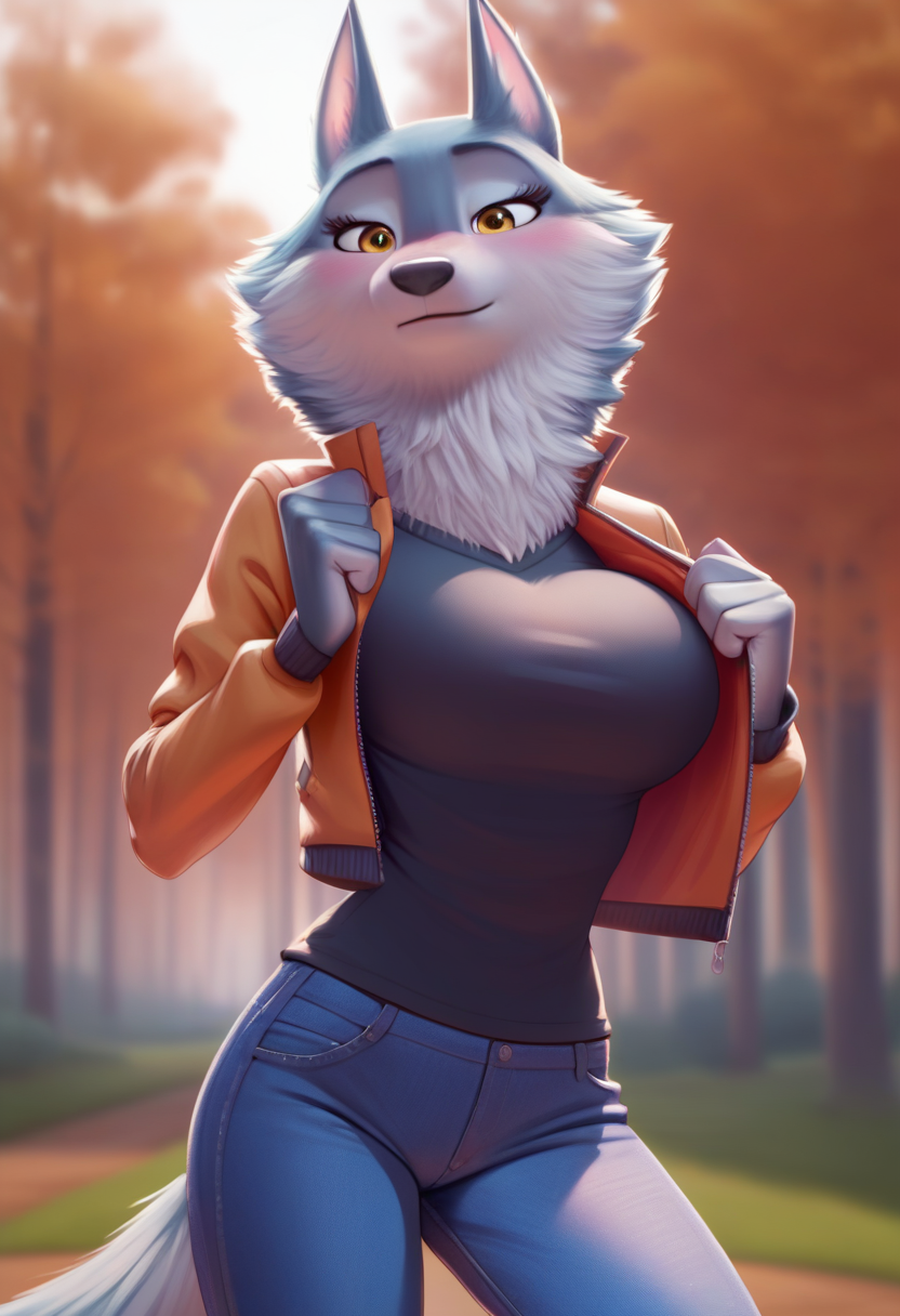 zPDXL, score_9,score_8_up,score_7_up,_up,source_cartoon, best quality, amazing quality, masterpiece, 1girl, looking at viewer, solo, fullbody, cute, blush, porsha, <lora:Porsha:0.8>, animal ears, yellow eyes, white fur, wolf girl, wolf ears, wolf tail, jeans, black shirt, lather jacket, orange sky, forest, autumn, contour_deepening,depth of field, huge filesize,wallpaper,background,(flat color),large breasts, blurry background, huge breasts,  pakwan008, <lora:pakwan008:1>