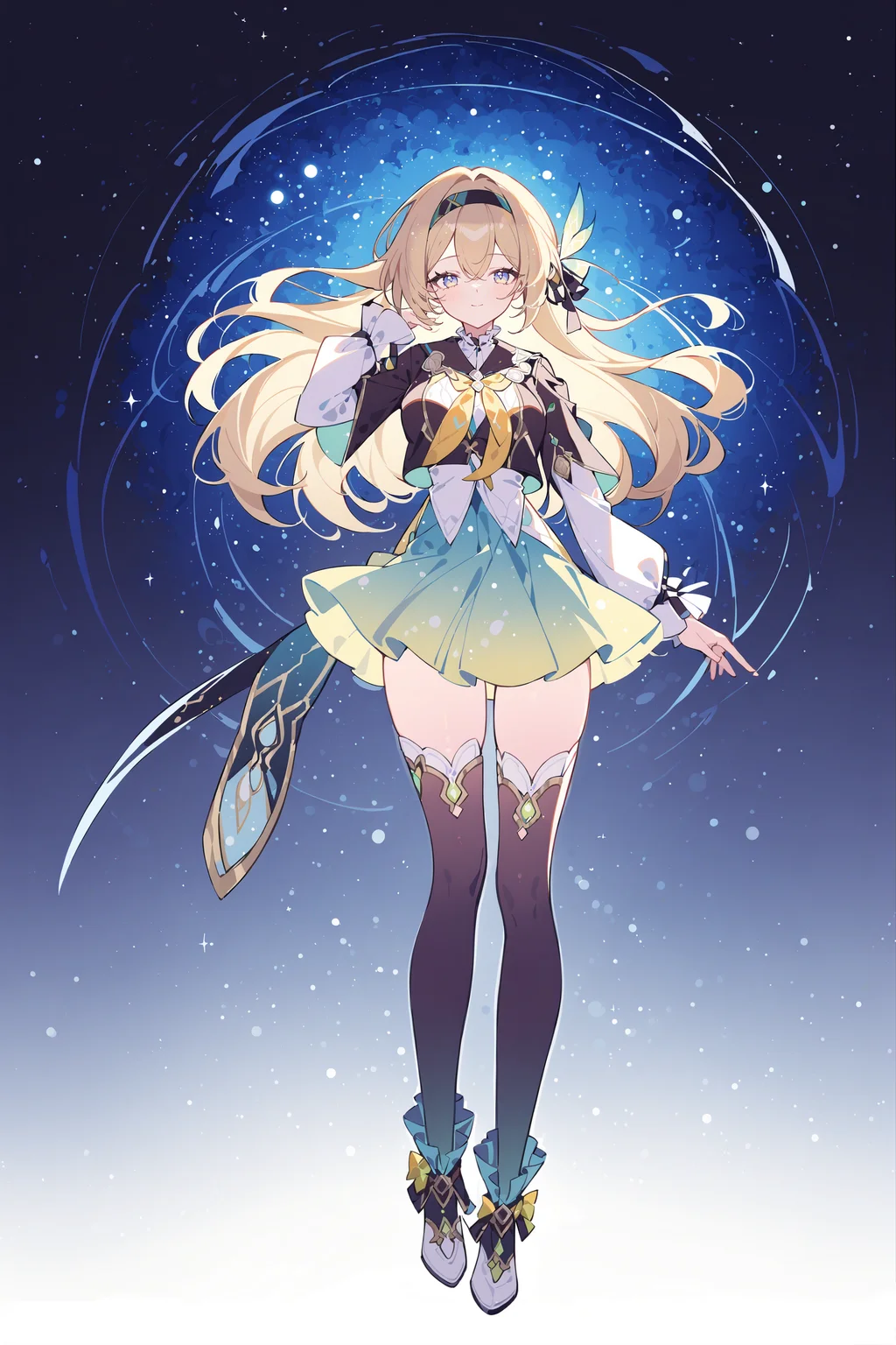 masterpiece, best quality, very aesthetic, ray tracing, newest,(hitenkei, askzy:0.5), 1girl, firefly \(honkai: star rail\), solo, black thighhighs, hairband, gradient skirt, hair ornament, blouse, long sleeves, frilled collar, frilled boots, cropped jacket, yellow neckerchief, full body, looking at viewer, floating, floating hair, depth of field, space, nebula, starry sky, light smile, hand in own hair <lora:Char-HonkaiSR-Firefly-XL-V2:0.9>