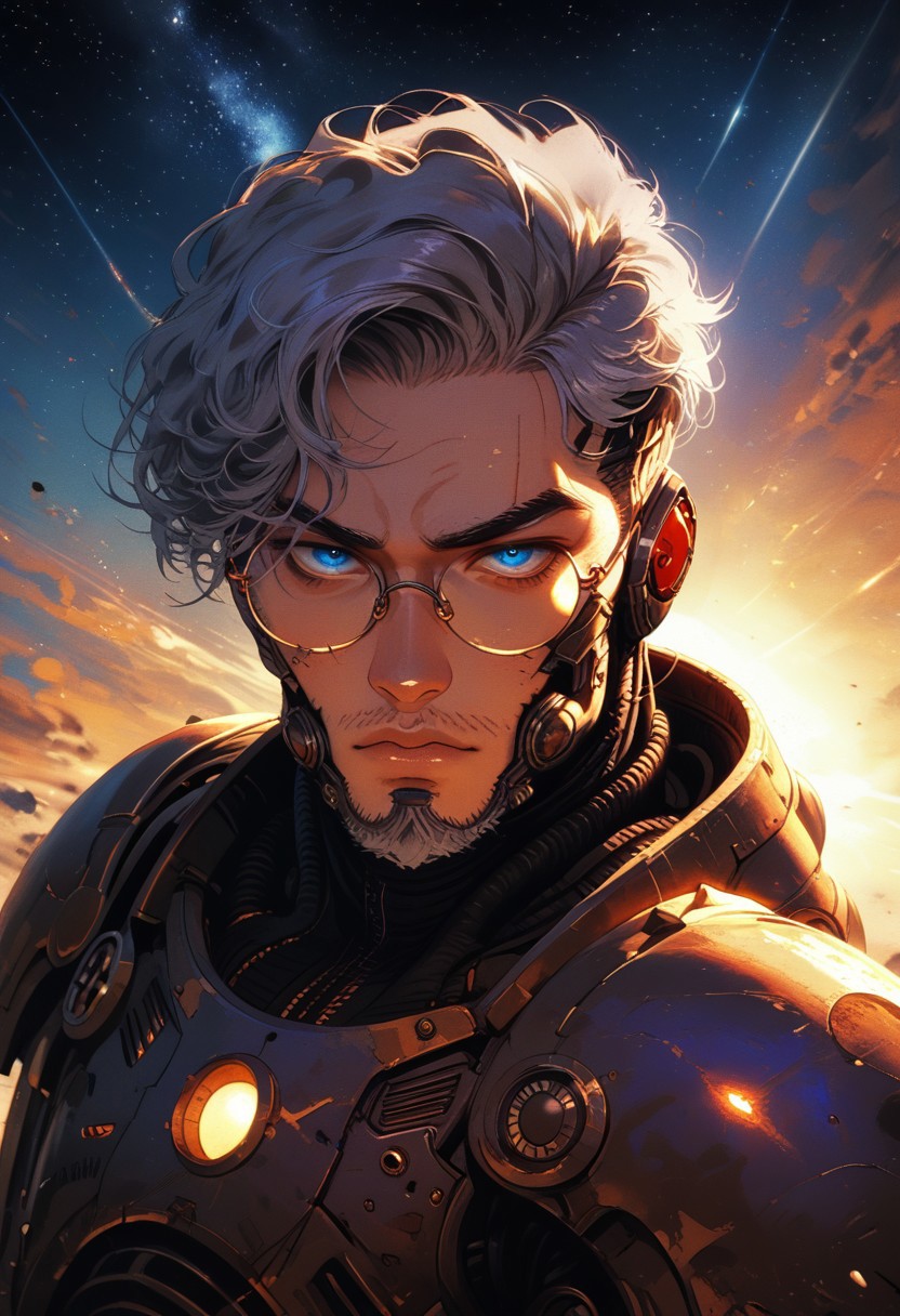 Safe_pos, (score_9, score_8_up, score_8), ultra detailed, high resolution, high quality, masterpiece, intricate details, intricate body, intricate landscape, knva, Expressiveh, European Male, (((1male))), ((male)), source_cartoon, Slender, Handsome, Masculine, ((Grey Hair, Short Hair)), ((Stubble, Five O'Clock Shadow)), (Stubble), (Circular Eyeglasses), (Undercut), ((Facial Hair, Short Beard)), Handsome, (Pale Skin, Delicate and Smooth Skin, Highly Detailed, Strong Jawline), (Blue Eyes), Artificer, (Steampunk Power Armor in the style of fallout-power-armor, space_space), Fantasy, Medieval, Steampunk, Space-Suit, Scholar Vibes, ((Extremely Detailed Face and Eyes)), Looking at Viewer, Soft Lighting, Warm Lighting, Unique Angle, Unique Perspective, Dramatic Angle, ((Full Body)), From Above,
