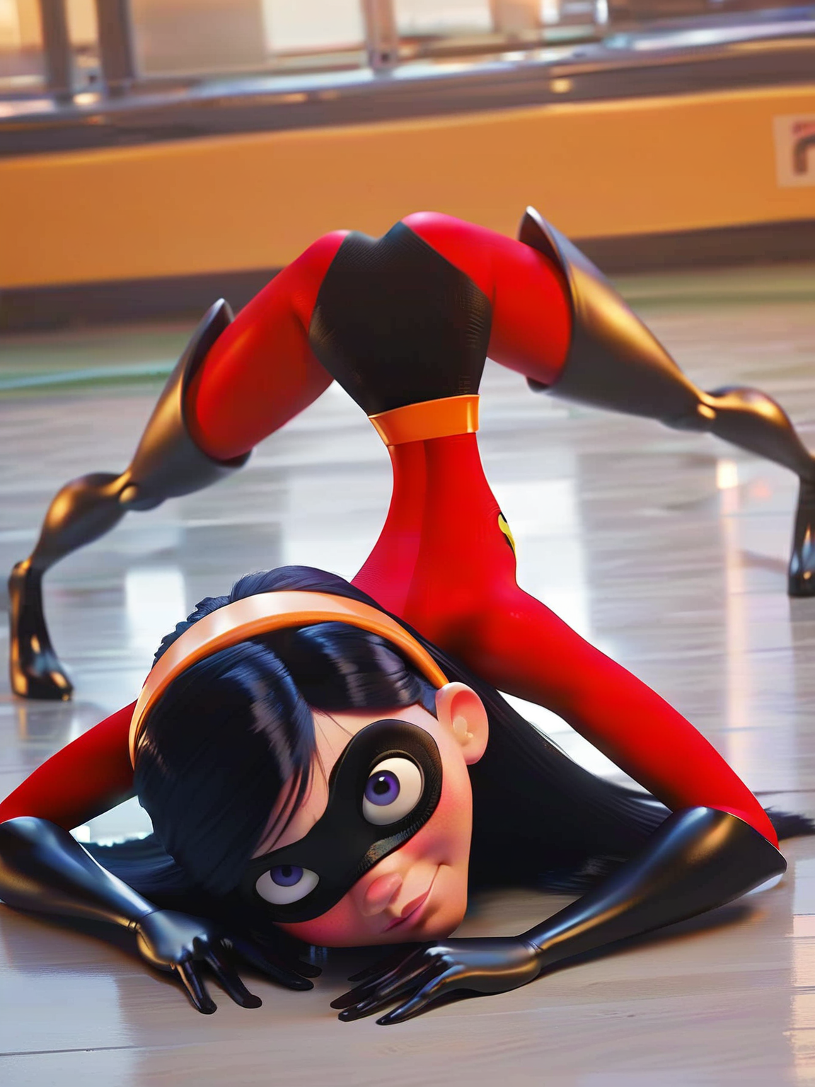 <lora:Violet Parr:0.8> vio_p, 1girl, slender body, fair skin, pink lips, bluish-purple eyes, long straight hair, black hair, supersuit, black eye mask, orange headband, red unitard, orange belt, black gloves, black bottoms, thigh-high black boots,
jack-o pose, looking at viewer, score_9, score_8_up, score_7_up,