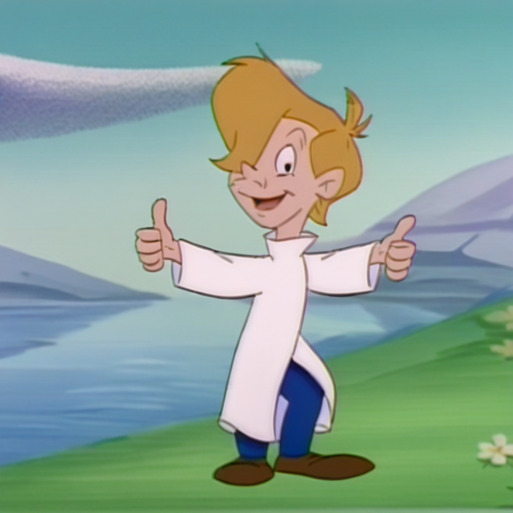 frankdiggs, blonde hair, 1boy, human, male child, black eyes, solo, long white shirt, full body, blue pants, brown footwear, male focus, standing, accurate, happy, outdoors, smile, thumbs up, looking at viewer, (closeup view), <lora:Frank_Diggs_Oz_Kids:1>