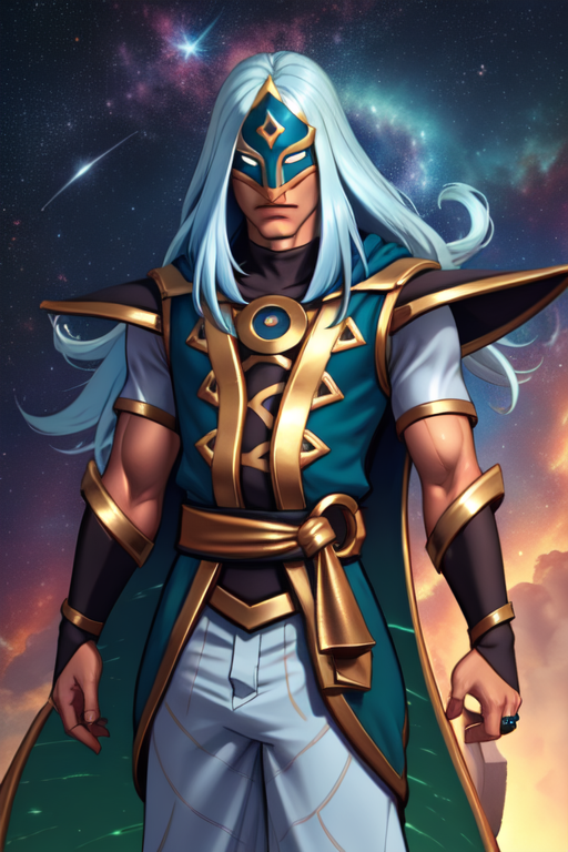 Jenos, long hair,mask,blue hair,white hair, arms up, 
Robes,pants,armor,cape,ring,jewelry,shoulder armor, cape,  biceps, short sleeves, 
floating, smug, 
space, astral, stars, 
 (insanely detailed, beautiful detailed face, masterpiece, best quality) 
 <lora:Jenos:0.8>