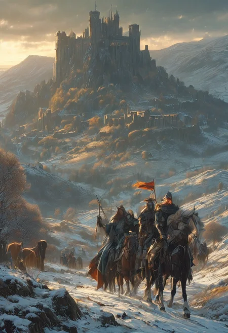 A captivating night scene illustration featuring Camelot in winter on large  hill overlooking a lake in Wales.   Camelot ancient but well maintained and updated and comfortable to live in.  This enchanting artwork captures a serene and peaceful early morning, where the sun is just starting to rise over the beautiful hills and Camelot  which   stands resolute amidst snowy  hills of Wales, brave knights ride out mounted on horses and clad in protective armor,  creating a cinematic experience back to the times of King Arthur and his knights, 
 illustration, cinematic
<lora:DonM3t3rn1tyXL-v1.1:0.7>, DonM3t3rn1tyXL,
OverallDetailXL  <lora:MJ52:0.3>  <lora:SDXLFaeTastic2400:0.4>  <lora:EpicF4nta5yXL:0.7>