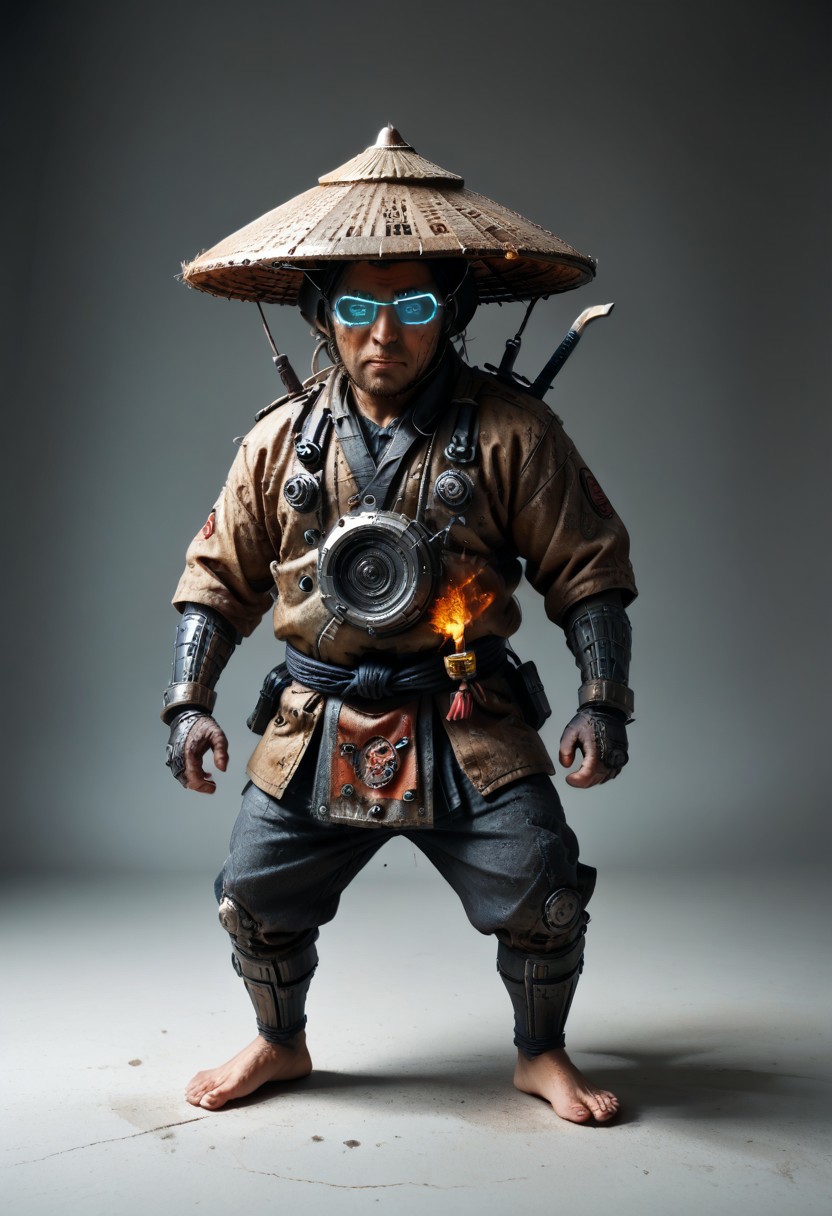 masterpiece, best quality, newest,
 eyecatching composition, dynamic pose, dynamic angles, detailed background of bamboo forest, Asian conical hat, strawhat, conical hat,
A Shadow faster than the light
Like cosmic fire his presence is
Shining in the night
Born from high technology
Too fast for human eyes to see
A soldier made of cyber steel
Create to kill the enemy
By neutreon power he is ready to strike
Can you feel the fire
See the anger in his burning eyes
He's the Super Sonic Samurai
By jetpack power he's ready to fly
He's the Super Sonic Samurai
Laser Katana high up to the sky
For the Super! Sonic Samurai!
barefoot plantigrade furry male, panda bear, chubby
