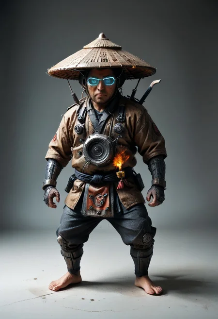 masterpiece, best quality, newest,
eyecatching composition, dynamic pose, dynamic angles, detailed background of bamboo forest, Asian conical hat, strawhat, conical hat,
A Shadow faster than the light
Like cosmic fire his presence is
Shining in the night
Born from high technology
Too fast for human eyes to see
A soldier made of cyber steel
Create to kill the enemy
By neutreon power he is ready to strike
Can you feel the fire
See the anger in his burning eyes
He's the Super Sonic Samurai
By jetpack power he's ready to fly
He's the Super Sonic Samurai
Laser Katana high up to the sky
For the Super! Sonic Samurai!
barefoot plantigrade furry male, panda bear, chubby