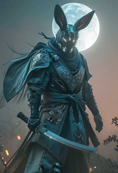 a mystical, and high-resolution image of an anthropomorphic Elysium Bunny Knight in Radiant Darkness, The character should be depicted in a manga cover style with wealthy portraiture and poster art elements. Volumetric lighting, The image should feature rich colors and high contrast, focusing on the best quality, official art, and a beautiful and aesthetic appearance. wearing Sci-fi clothes and armor, holding a sheathed light glaive, and standing in a cowboy shot pose. The character should have tattoos, muscular abs, shoulder armor, mystic Ethereal moon forest lake in the background. Emphasize a samurai theme with a detailed background and floral elements.