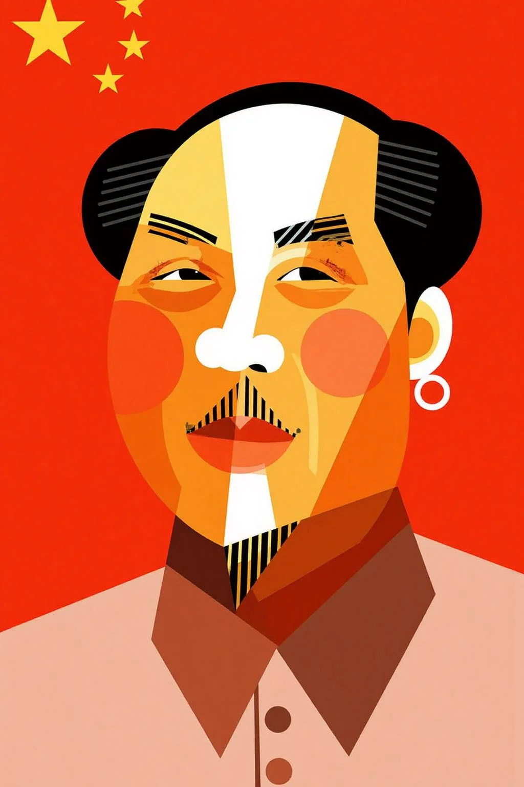 This is a stylized digital drawing in a modern, abstract art style reminiscent of Cubism. The subject is a stylized portrait of a man, Chairman Mao, with a distinctive, geometric face. The man is depicted with a combination of warm and cool tones: the face is composed of blocks of color in shades of orange, yellow, red, and white. <lora:palo1_cap_d6a3e12:1.0><lora:821348526400466480:0>