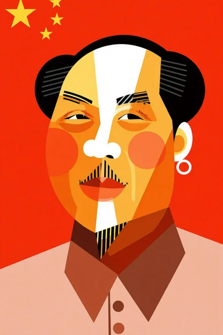 This is a stylized digital drawing in a modern, abstract art style reminiscent of Cubism. The subject is a stylized portrait of a man, Chairman Mao, with a distinctive, geometric face. The man is depicted with a combination of warm and cool tones: the face is composed of blocks of color in shades of orange, yellow, red, and white. <lora:palo1_cap_d6a3e12:1.0><lora:821348526400466480:0>