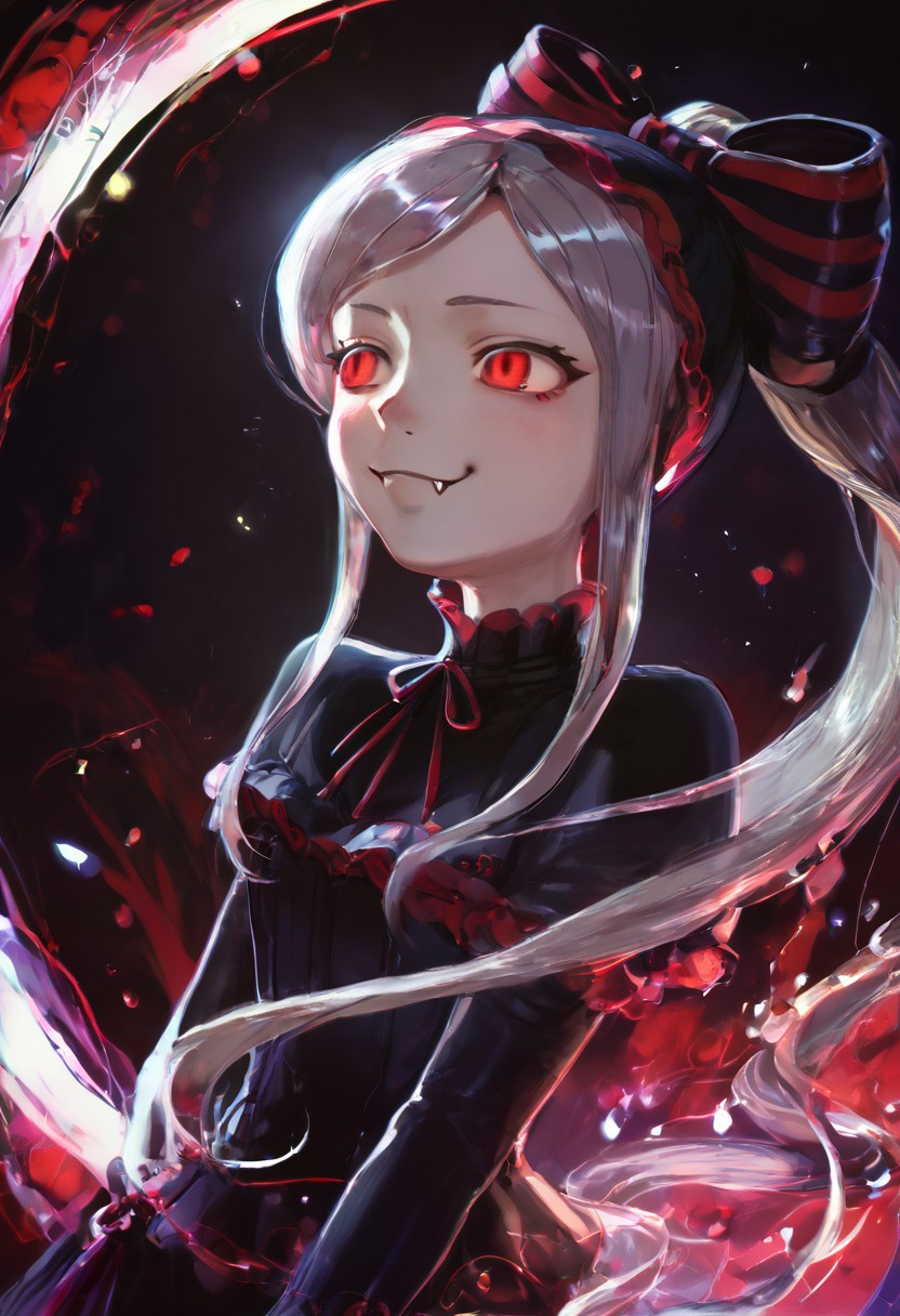 ((((score_9, score_8_up, score_7_up, shalltear,1girl,silver hair,long hair,ponytail,red eyes,small petite chest,pale skin)))
BREAK
((1girl, cute, anime style, kawaii, fantasy, smiling, playful pose, adorable outfit, vibrant colors, gothic elements, vampire theme, magical background, detailed character design, soft lighting))