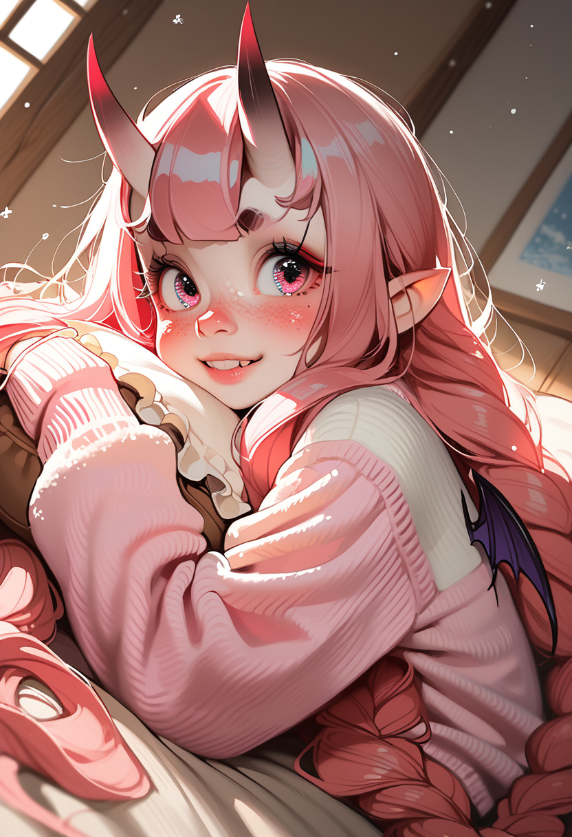 score_9, score_8_up, score_7_up, highly detailed, sharp focus, HD, (1girl:1.4), ((solo)), ((pale skin:1.3)), (cute young oni girl:1.5), small sharp horns, (big expressive eyes:1.3), (soft pink blush:1.2), ((long fluffy pastel pink hair:1.4)), slightly messy hair, shy smile, wearing a cozy sweater, (small black horns:1.3), (pointy ears:1.2), (tiny bat wings:1.2), soft freckles, fantasy-inspired outfit, (Japanese-style modern room:1.4), cozy house interior, warm lighting, sitting on a plush futon, hugging a pillow, cute pose, playful expression, charming, soft anime shading, ultra-detailed fabric folds, elegant color balance, soft glowing ambient light, close-up face, dutch angle
 <lora:Expressive_H:1> <lora:incase-ilff-v3-4:0.6> <lora:MoriiMee_Gothic_Niji_Style_Illustrious_r1:0.7>