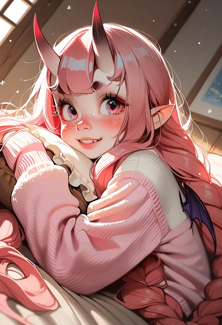 score_9, score_8_up, score_7_up, highly detailed, sharp focus, HD, (1girl:1.4), ((solo)), ((pale skin:1.3)), (cute young oni girl:1.5), small sharp horns, (big expressive eyes:1.3), (soft pink blush:1.2), ((long fluffy pastel pink hair:1.4)), slightly messy hair, shy smile, wearing a cozy sweater, (small black horns:1.3), (pointy ears:1.2), (tiny bat wings:1.2), soft freckles, fantasy-inspired outfit, (Japanese-style modern room:1.4), cozy house interior, warm lighting, sitting on a plush futon, hugging a pillow, cute pose, playful expression, charming, soft anime shading, ultra-detailed fabric folds, elegant color balance, soft glowing ambient light, close-up face, dutch angle
 <lora:Expressive_H:1> <lora:incase-ilff-v3-4:0.6> <lora:MoriiMee_Gothic_Niji_Style_Illustrious_r1:0.7>