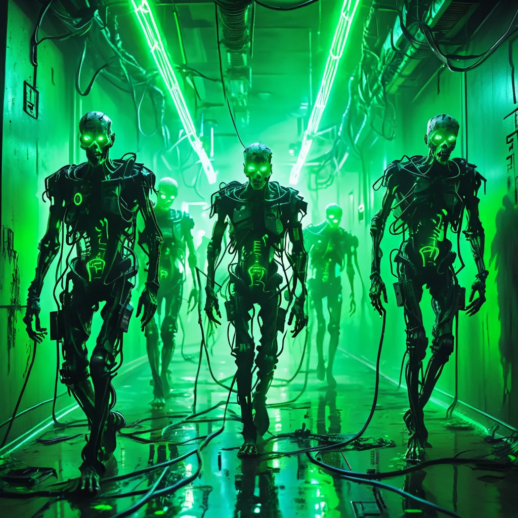 masterpiece,high resolution
A group of eerie cyberpunk zombies, walking through a dark, neon-lit hallway, their bodies covered in exposed wires and glowing green circuitry. The figures have skeletal, robotic frames, with glowing green eyes and flickering lights across their limbs. The atmosphere is filled with green mist and shadows, casting an ominous glow over the wet, metallic floor. A futuristic dystopian lab setting, with cables and wires hanging from the ceiling, creating a dark and unsettling mood
, <lora:halloween_x_cyberpunk-xl-9:0.6>