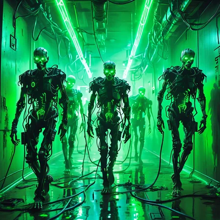 masterpiece,high resolution
A group of eerie cyberpunk zombies, walking through a dark, neon-lit hallway, their bodies covered in exposed wires and glowing green circuitry. The figures have skeletal, robotic frames, with glowing green eyes and flickering lights across their limbs. The atmosphere is filled with green mist and shadows, casting an ominous glow over the wet, metallic floor. A futuristic dystopian lab setting, with cables and wires hanging from the ceiling, creating a dark and unsettling mood
, <lora:halloween_x_cyberpunk-xl-9:0.6>