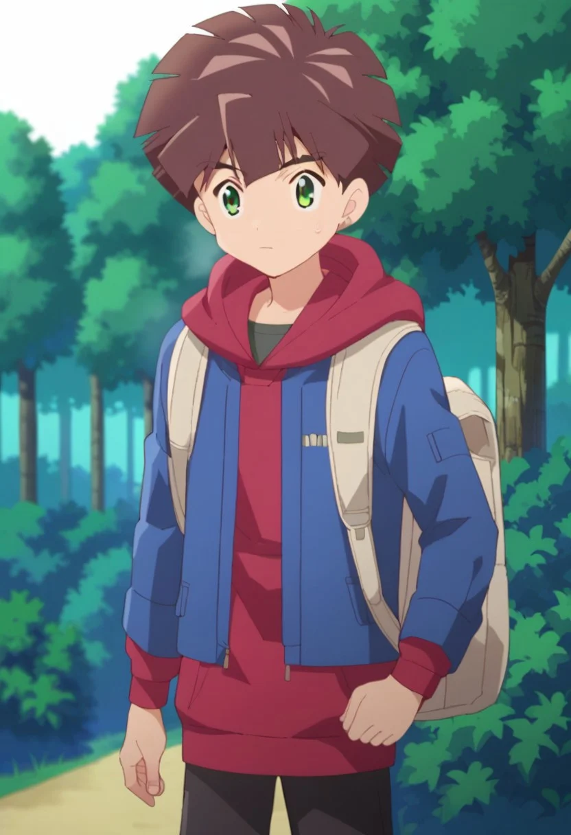 score_9, score_8_up, score_7_up, score_6_up, detailed, intricate details,best quality ,source_anime, cowboy shot, full body, hiro amanokawa, brown hair, green eyes, blue jacket, open jacket, red hoodie, 1boy, male focus, solo, hoodie, bag, hood, forest. outdoors, tree, bush, anime coloring, upper body, jacket<lora:EMS-421264-EMS:1.000000>, looking lost, sweaty face