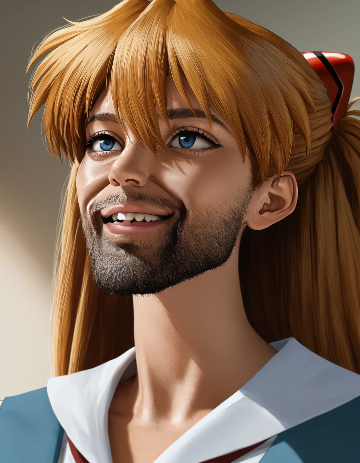 masterpiece, best quality, absurdres, photorealistic, (gigachad \(meme\), the chad smile,:1.2) portrait, beard stubble, upper teeth only, souryuu asuka langley, tokyo-3 middle school uniform, parted lips, (side view:0.3)