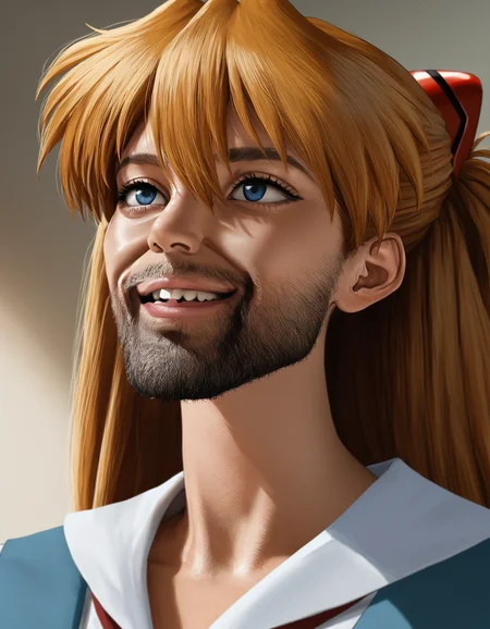 masterpiece, best quality, absurdres, photorealistic, (gigachad \(meme\), the chad smile,:1.2) portrait, beard stubble, upper teeth only, souryuu asuka langley, tokyo-3 middle school uniform, parted lips, (side view:0.3)