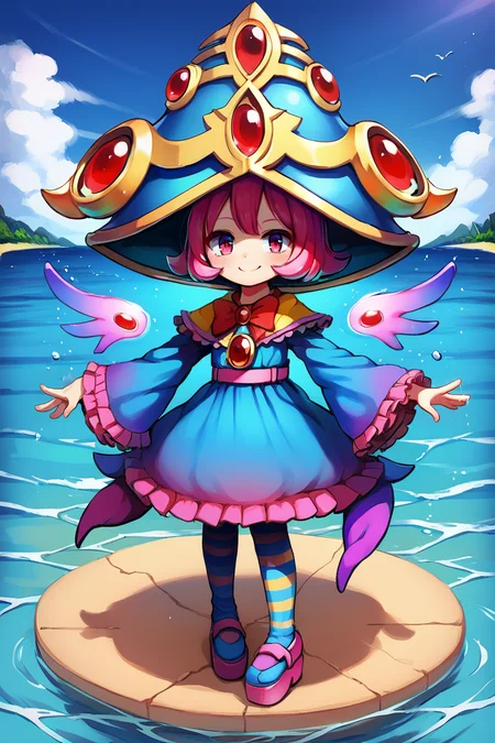 ((background)), water, score_9, score_8_up, score_7_up, source anime, BREAK, <lora:Sae:0.75> , saebase, saedef, 1girl, pink hair, short hair, pink eyes, asymmetrical wings, mismatched wings, liquid wing, hat, crown hat, yellow capelet, pendant, gem, red gem, red bowtie, dress, blue dress, frilled dress, layered dress, striped, horizontal-striped thighhighs, striped thighhighs, pantyhose, outstretched arms, wide sleeves, long sleeves, frilled sleeves, pink belt, purple ribbons, platform footwear, ((arms at sides)), smile, looking at viewer, full body, <lora:m4gXLP:0.7> , m4g, solo, outdoors, exterior, day, ocean, overlook, scenery, <lora:backgroundsetXL:0.2> ,